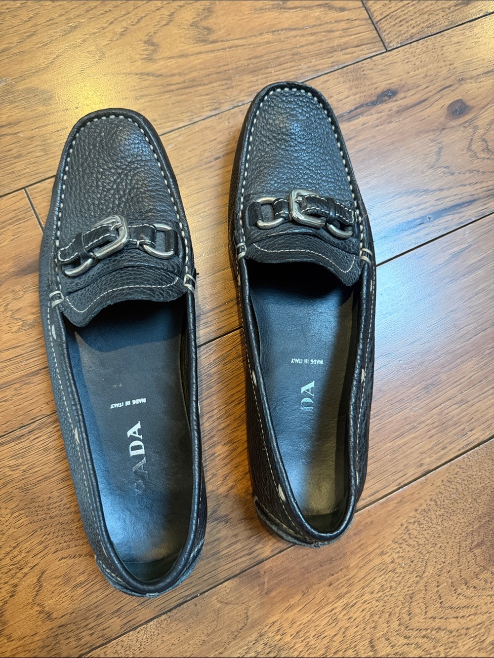 Authentic Prada Black Pebbled Leather Loafers with Silver-Tone Hardware